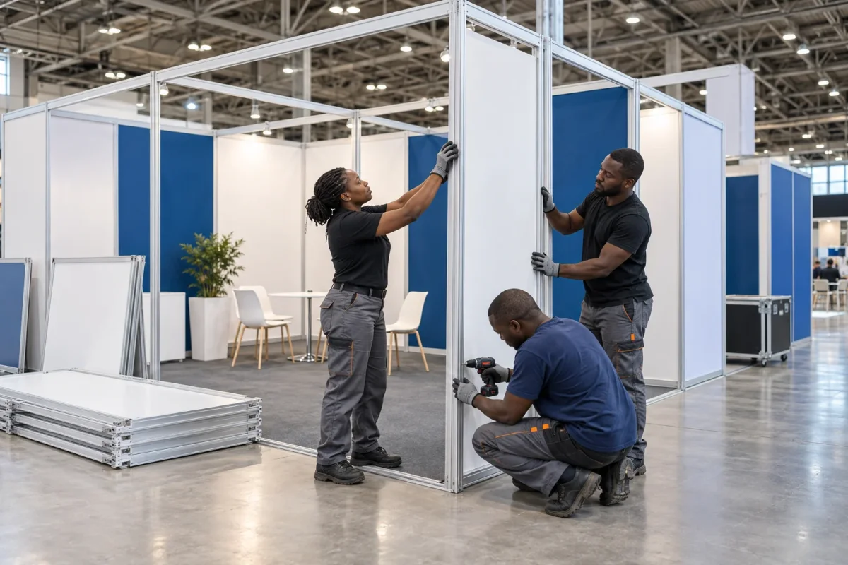 &Eacute;quipe en train de monter un stand modulaire en aluminium sur un salon &agrave; Abidjan