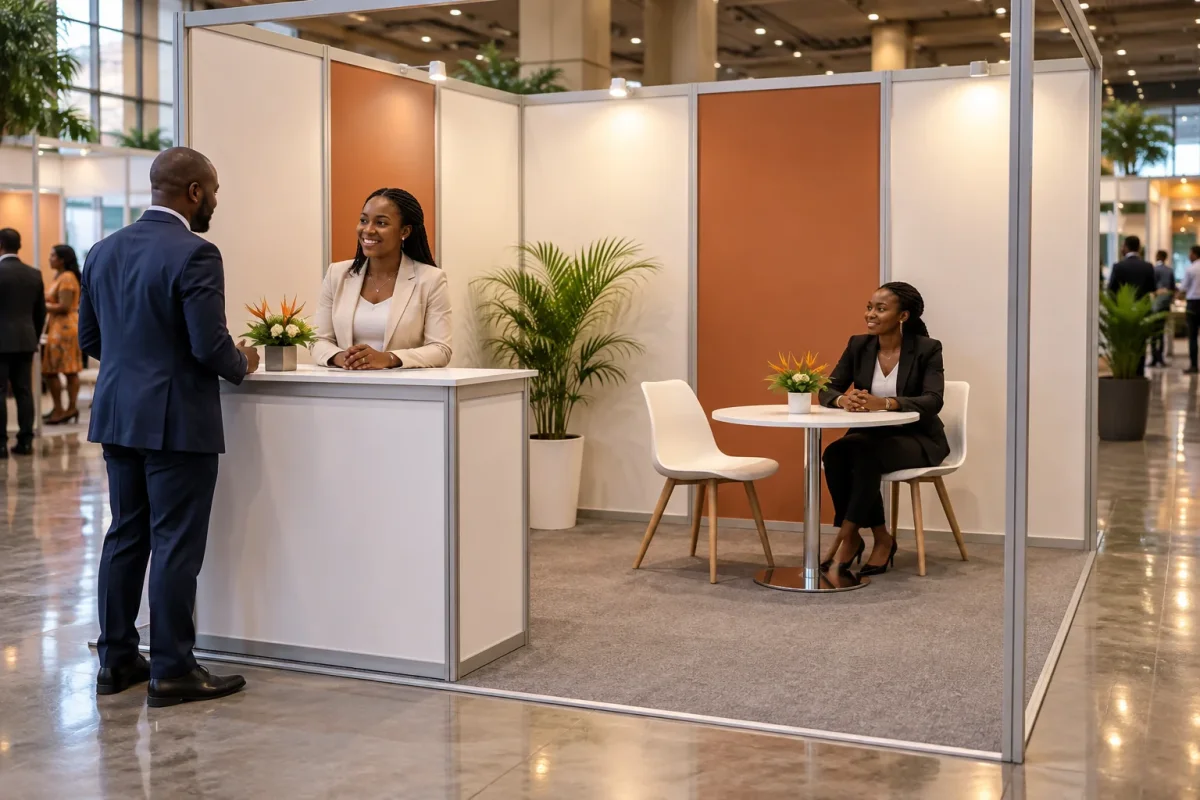 Stand modulaire 9m2 mont&eacute; avec comptoir d&rsquo;accueil, plantes et table de r&eacute;union, pr&ecirc;t &agrave; recevoir les visiteurs